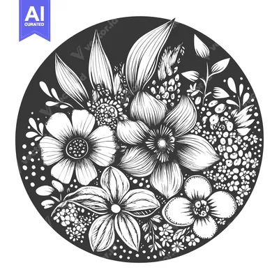 Aset desain premium: A Circular Arrangement of Hand-Drawn Flowers and Leaves