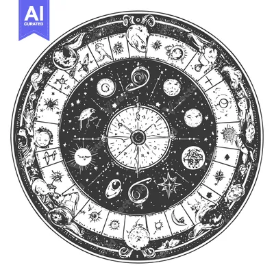 Aset premium populer: A Circular Astrological Chart with Zodiac Signs and Celestial Bodies