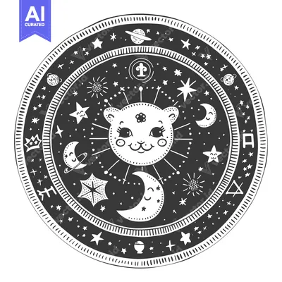 A Circular Celestial Design Featuring a Cat-Like Sun and Celestial Ele
