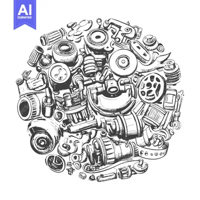 Aset premium populer: A Circular Composition of Hand-Drawn Automotive Parts
