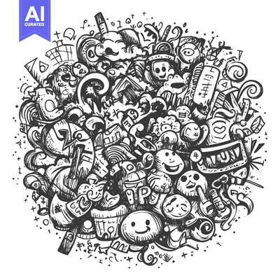Aset premium populer: A Circular Composition of Hand-Drawn Doodles and Emojis