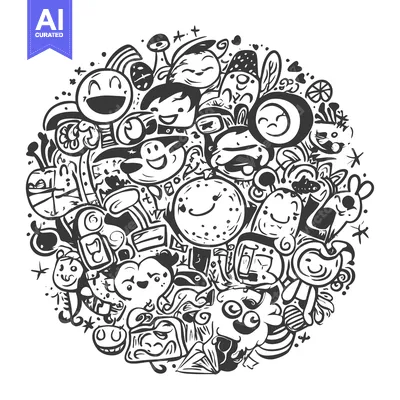 Aset premium populer: A Circular Doodle Pattern of Smiling Cartoon Characters