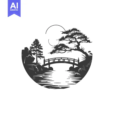 A Circular Silhouette of a Japanese Garden With a Bridge