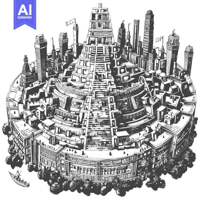 A City Built on a Giant Pyramid, with a Boat Below