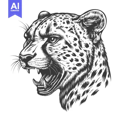 Premium design asset: A Close-Up Black and White Illustration of a Cheetah's Head with its M