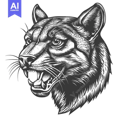 Aset desain premium: A Close-Up Black and White Illustration of a Growling Cougar's Head