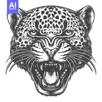Aset desain premium: A Close-Up Black and White Illustration of a Growling Leopard Head