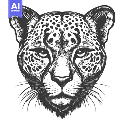 Aset desain premium: A Close-Up Black and White Illustration of a Leopard's Head