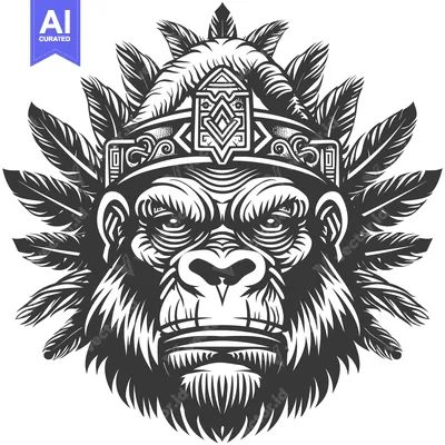Aset desain premium: A Close-Up of a Gorilla's Face Adorned with Feathers