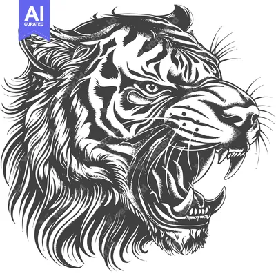 Aset premium populer: A Close-up of a Roaring Tiger's Head with Detailed Fur and Sharp Teeth