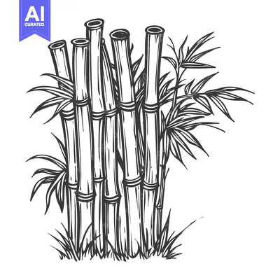 Aset premium populer: A cluster of bamboo stalks with leaves in a simple black and white ill