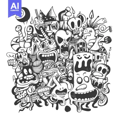 A Cluster of Grotesque Cartoon Faces and Figures