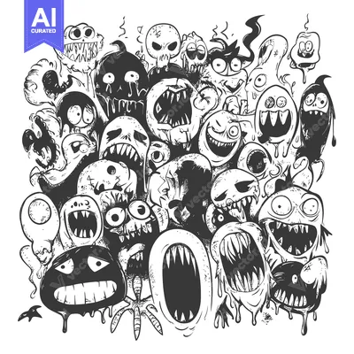 A Cluster of Grotesque, Cartoon Monsters with Open Mouths and Fangs