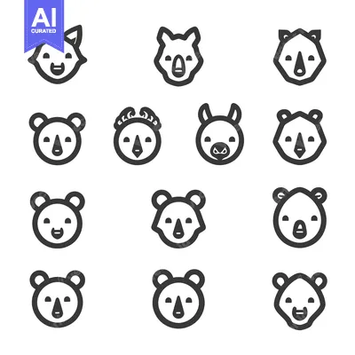 A Collection of 12 Animal Faces in Black and White Line Art