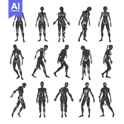 A Collection of 12 Black and White Female Zombie Silhouettes