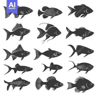 Aset desain premium: A Collection of 12 Black and White Fish Silhouettes