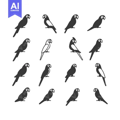 Aset premium populer: A Collection of 12 Black and White Parrot Silhouettes in Different Pos