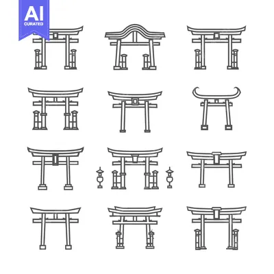 A Collection of 12 Different Line Drawings of Traditional Japanese Tor