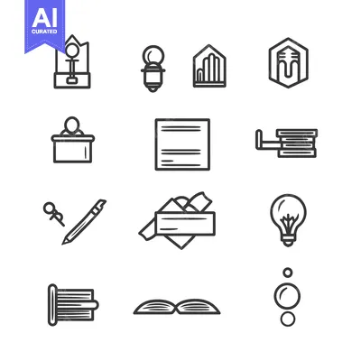 Aset desain premium: A Collection of 12 Hand-Drawn Line Icons Representing Various Concepts