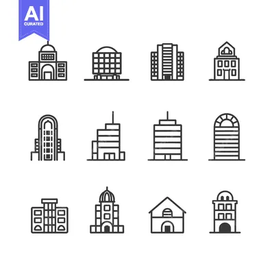 A Collection of 12 Line Art Building Icons