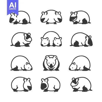 Aset desain premium: A Collection of 12  Line Drawings of a  Wombat in Various Poses