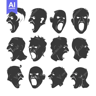 A collection of 12 monochrome silhouette illustrations depicting faces