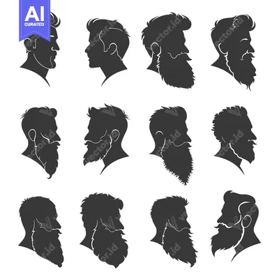 Aset premium populer: A Collection of 12 Silhouettes of Men with Beards and Various Hairstyl