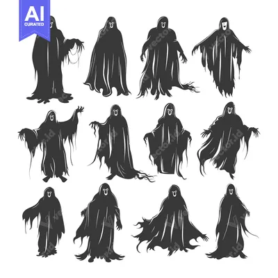 Aset premium populer: A Collection of 12 Spooky Ghost Silhouettes in Various Poses