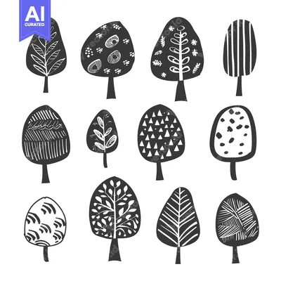 Premium design asset: A Collection of 12 Stylized Black and White Trees