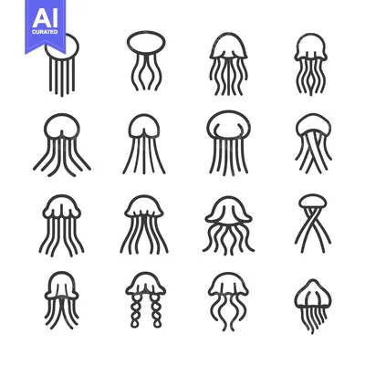 A Collection of 14 Different Line Drawings of Jellyfish