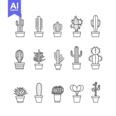 Aset desain premium: A collection of 14 potted cacti in black and white outline style