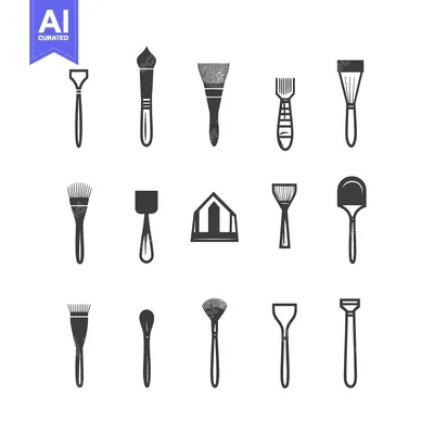 Aset desain premium: A Collection of 15 Black and White Paintbrush and Spatula Icons