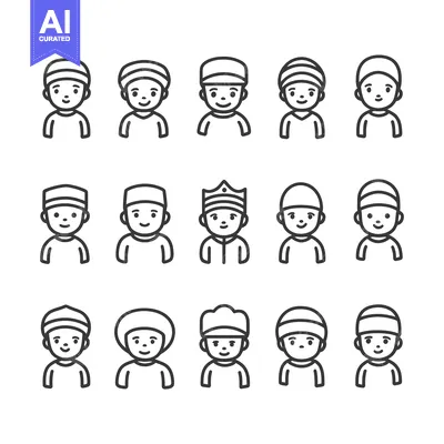 Aset premium populer: A collection of 15 line art icons depicting smiling children wearing v