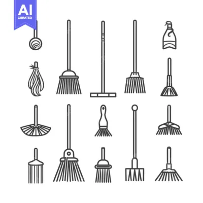 A Collection of 15 Line Drawings of Different Types of Brooms and Rake