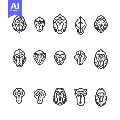 A Collection of 15 Stylized Black and White Monkey Faces