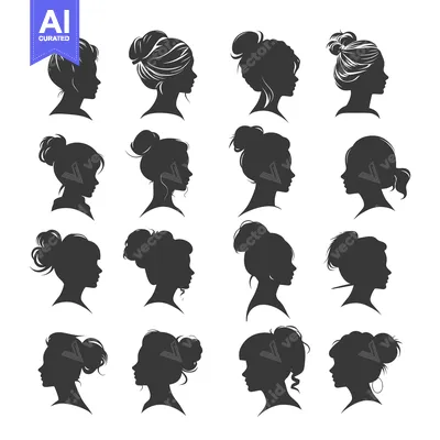 A Collection of 16 Black and White Female Silhouettes in Profile with