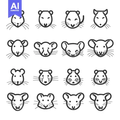 Aset premium populer: A Collection of 16 Black and White Mouse Icons with Various Expression
