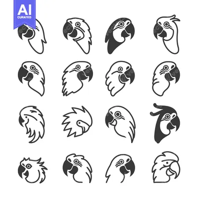 Aset desain premium: A Collection of 16 Black and White Parrot Head Illustrations