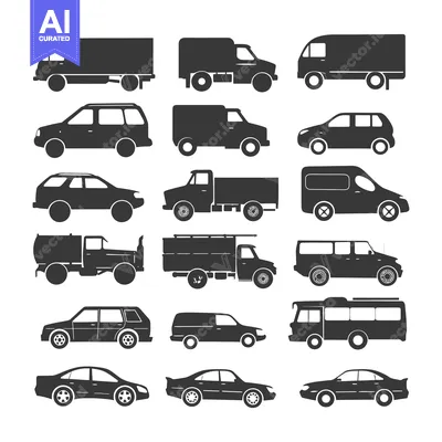 Aset desain premium: A Collection of 16 Black Silhouette Vehicle Icons