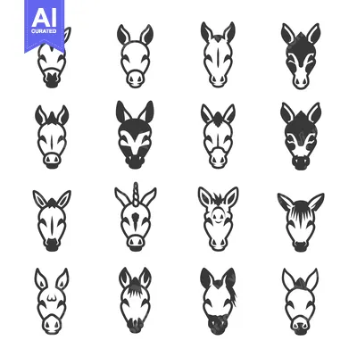 Aset premium populer: A Collection of 16 Cartoon Donkey Faces in Black and White