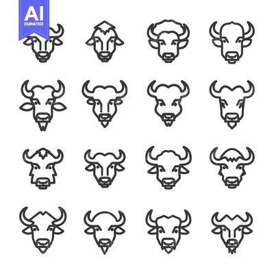 Aset desain premium: A Collection of 16 Line Art Buffalo Head Icons