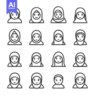 Aset desain premium: A Collection of 16 Line Art Icons Depicting Women Wearing Hijabs
