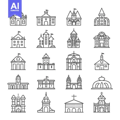 A Collection of 16 Line Drawings Depicting Architectural Styles