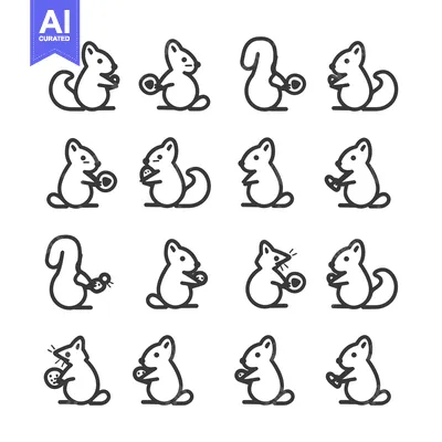 A collection of 16 line drawings depicting squirrels in various poses,