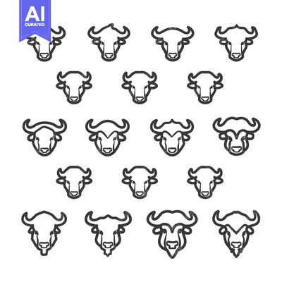 Aset desain premium: A Collection of 16 Line Drawings of Cow Heads Facing Forward