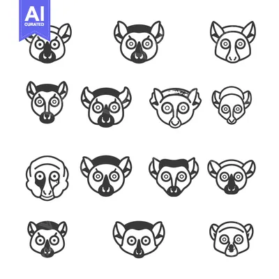 Premium design asset: A Collection of 16 Line Drawings of Lemur Faces