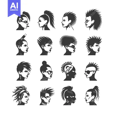 Premium design asset: A Collection of 16 Silhouettes of Women with Punk Hairstyles