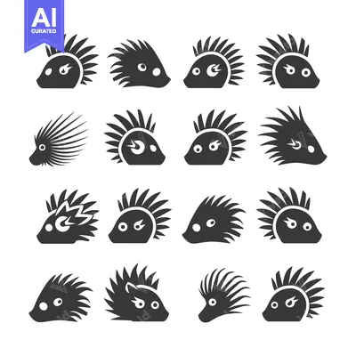 Premium design asset: A collection of 16 stylized black and white porcupine head silhouettes