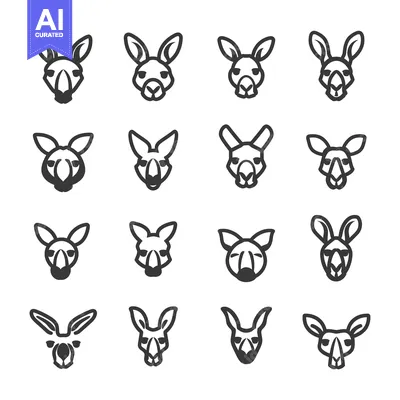 Premium design asset: A collection of 16 unique black and white kangaroo head illustrations