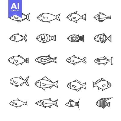 Aset desain premium: A Collection of 16 Unique Fish Outline Illustrations
